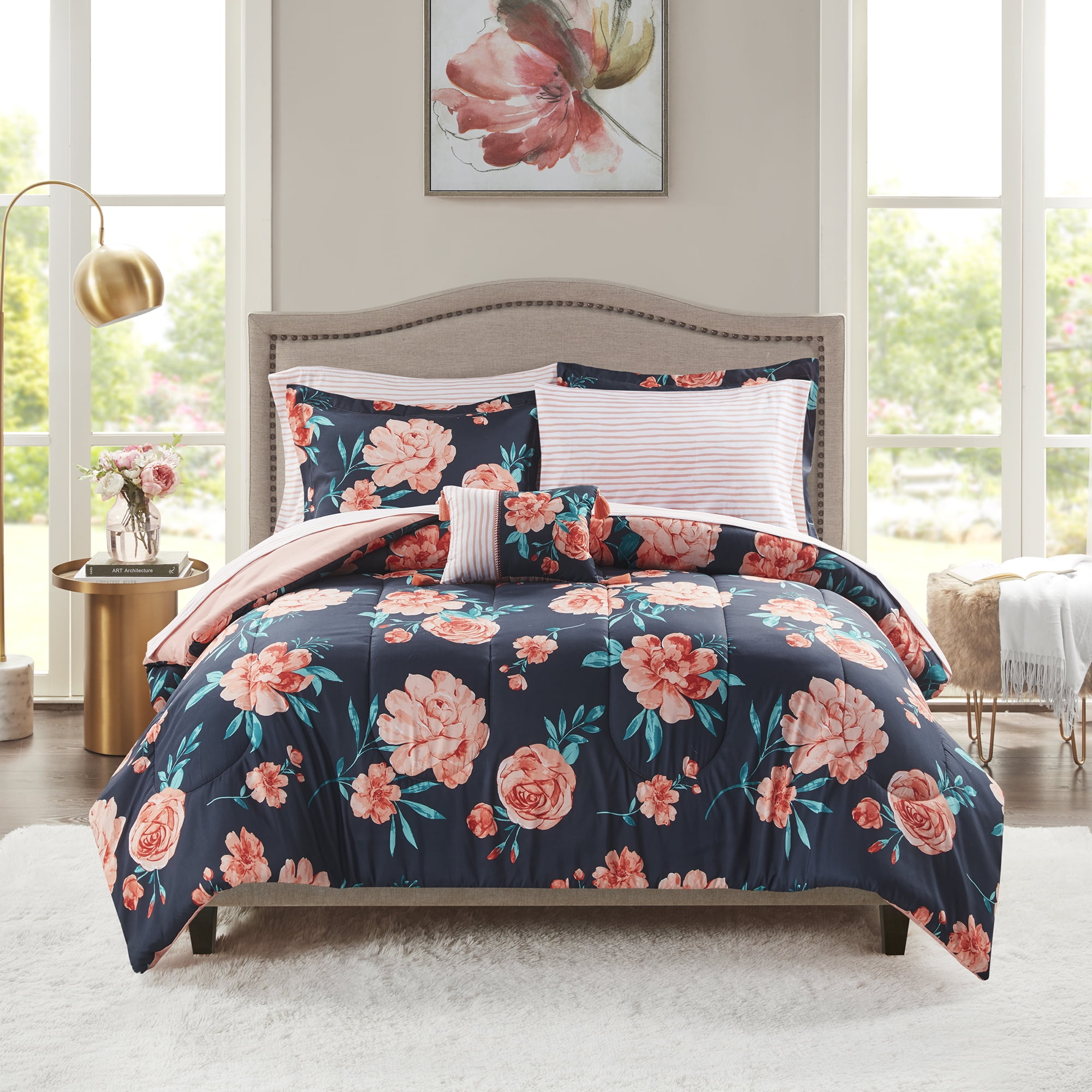Mainstays Peach Floral 8 Piece Bed in a Bag Comforter Set with Sheets ...