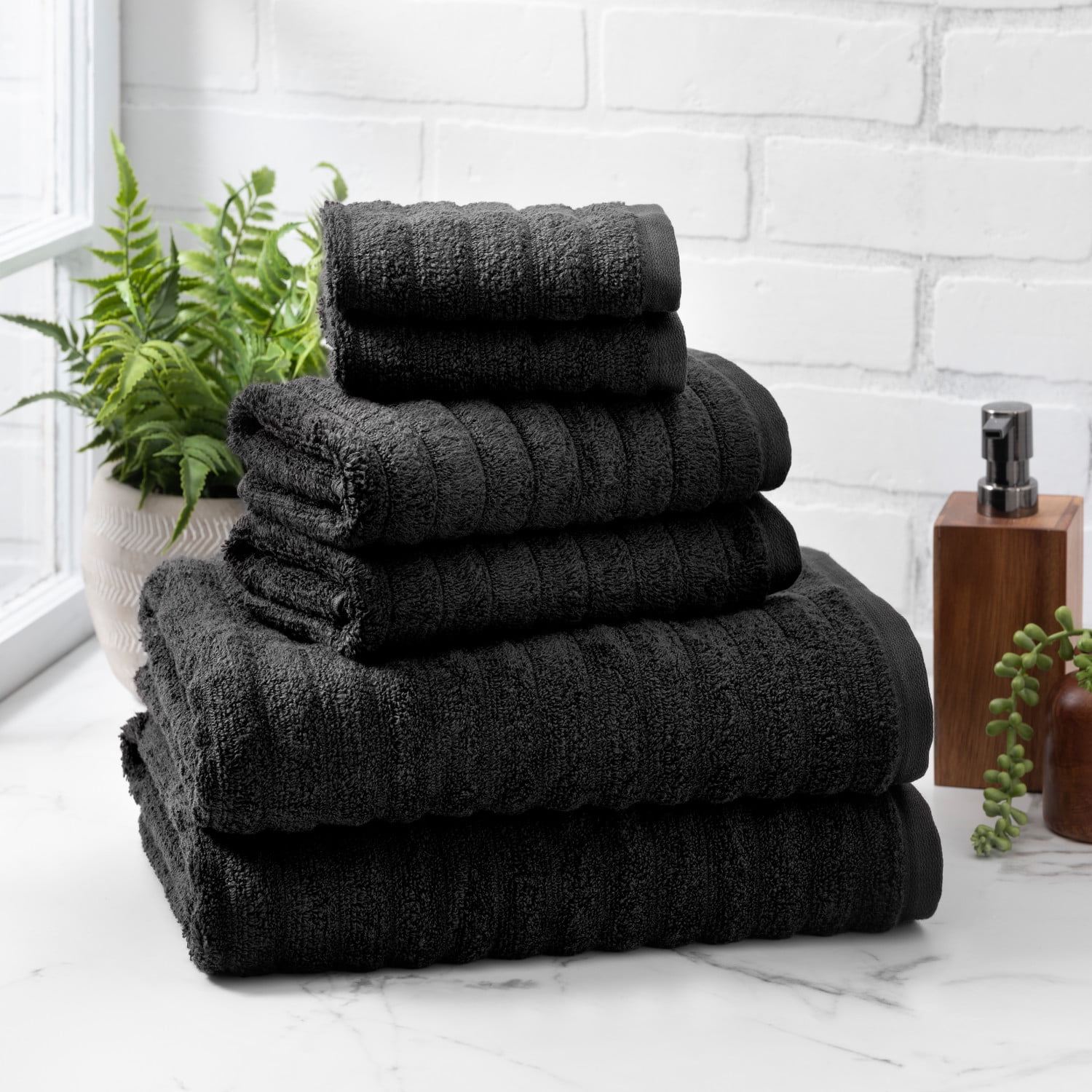 6-Piece White/Black Luxury Quick Dry 100% Cotton Bath Towel Set