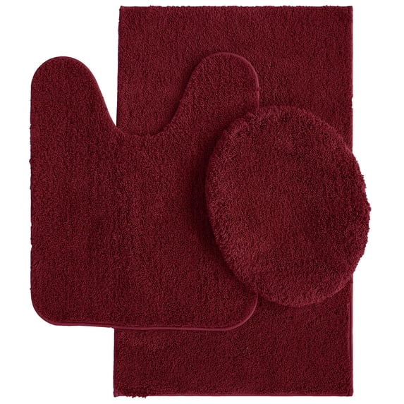 Mainstays Performance Recycled Polyester 3 Piece Bath Rug Set, Luscious Merlot Red