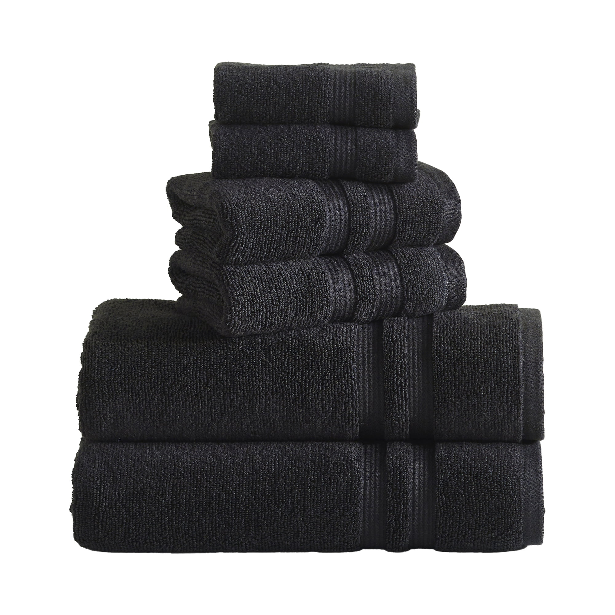 Mainstays Performance Cotton 6-Piece Bath Towel Set, Super Soft Quick Dry Fade Resistant, Solid Black