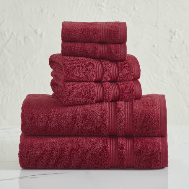 Mainstays Performance Cotton 6-Piece Bath Towel Set, Super Soft Quick Dry Fade Resistant, Solid Red