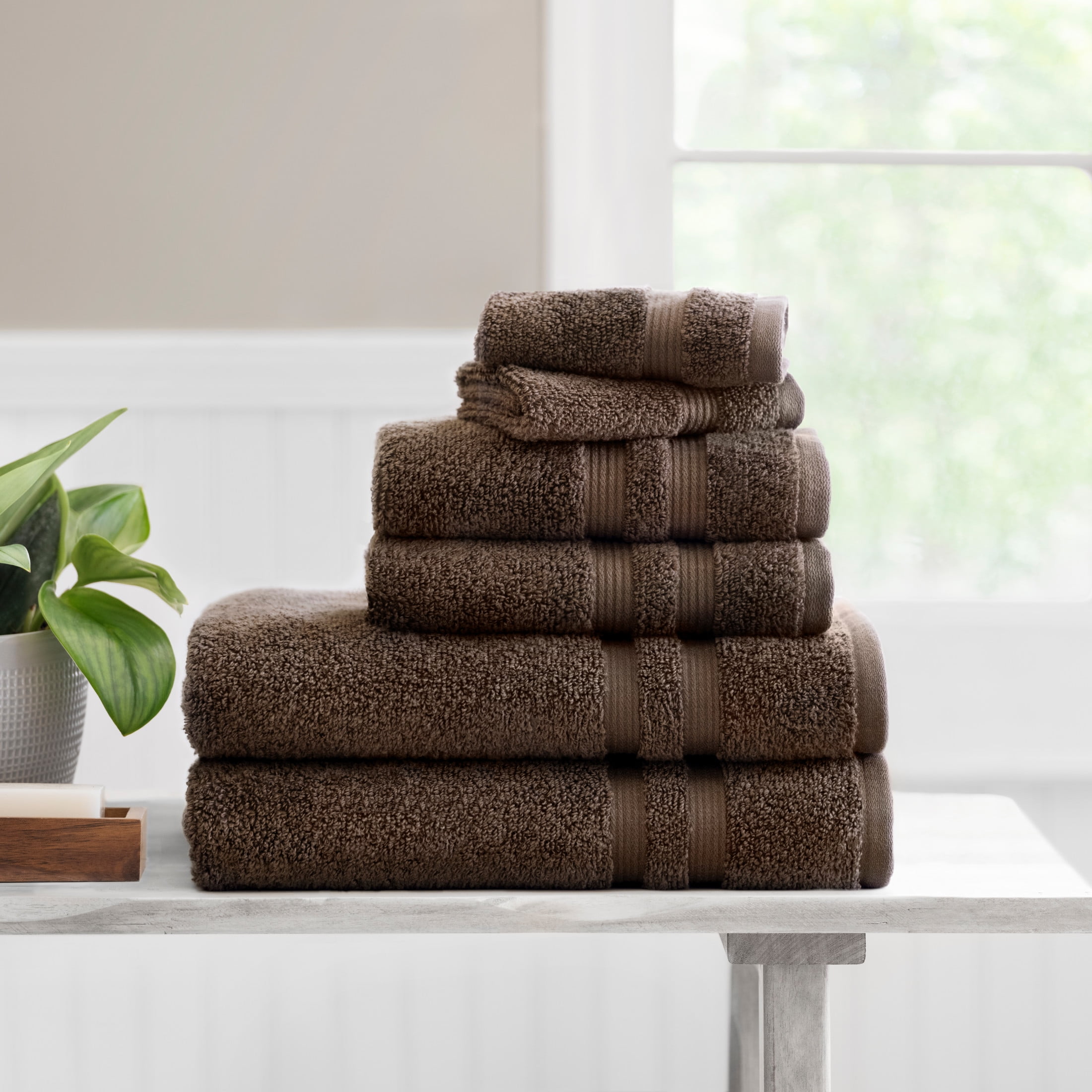 Mainstays Performance Solid Bath Towel 6-Piece Set, Brown Basket