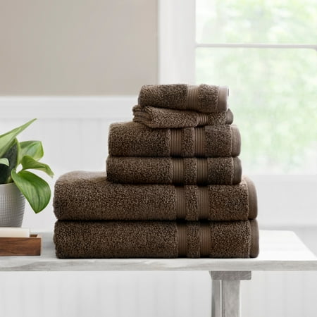 Mainstays Performance Cotton 6-Piece Bath Towel Set, Super Soft Quick Dry Fade Resistant, Solid Brown