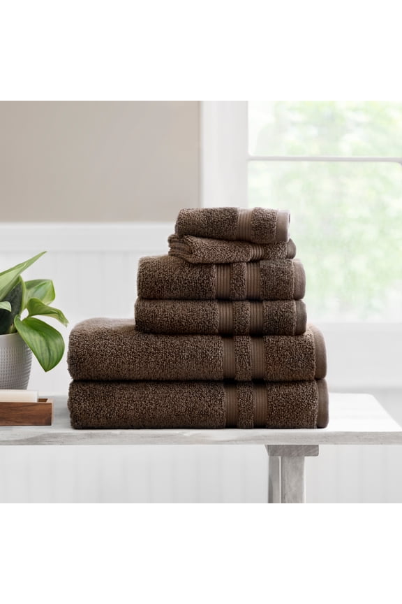 Performance Cotton 6-Piece Bath Towel Set, Super Soft Quick Dry Fade Resistant, Solid Brown