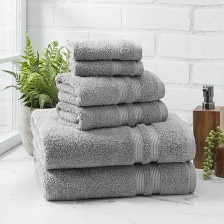Mainstays Performance Cotton 6-Piece Bath Towel Set, Super Soft Quick Dry Fade Resistant, Solid Grey Flannel