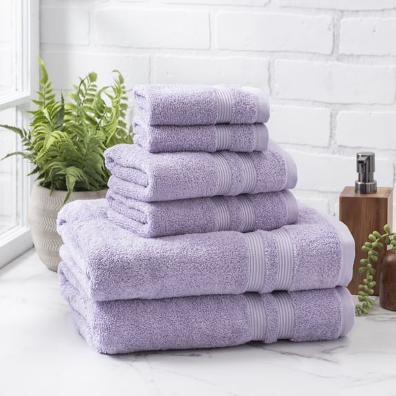 Mainstays Performance Cotton 6-Piece Bath Towel Set, Super Soft Quick Dry Fade Resistant, Solid Purple