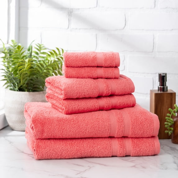 Mainstays Performance Cotton 6-Piece Bath Towel Set, Super Soft Quick Dry Fade Resistant, Solid Coral