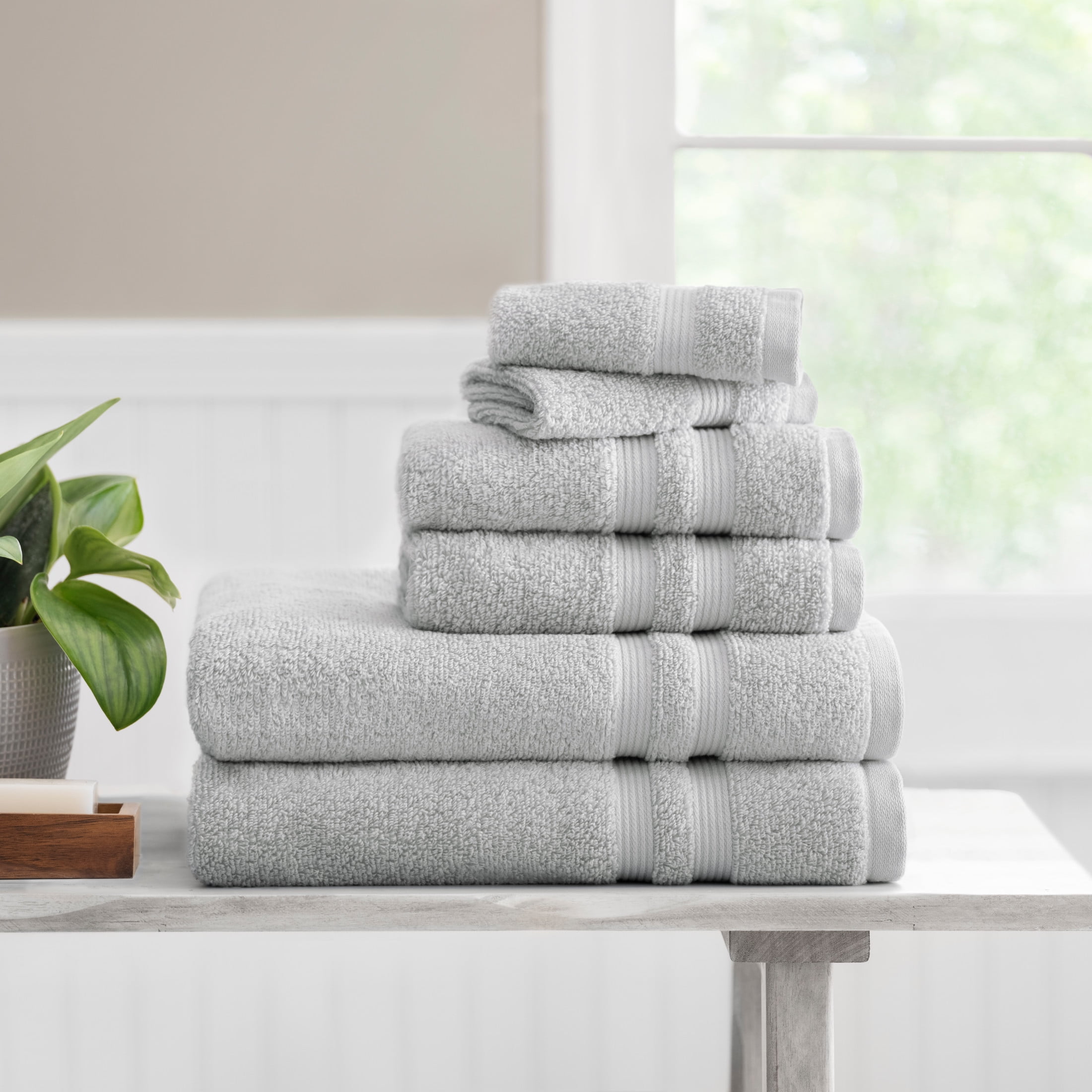 Mainstays Performance Cotton 6-Piece Bath Towel Set, Super Soft Quick Dry Fade Resistant, Solid Silver