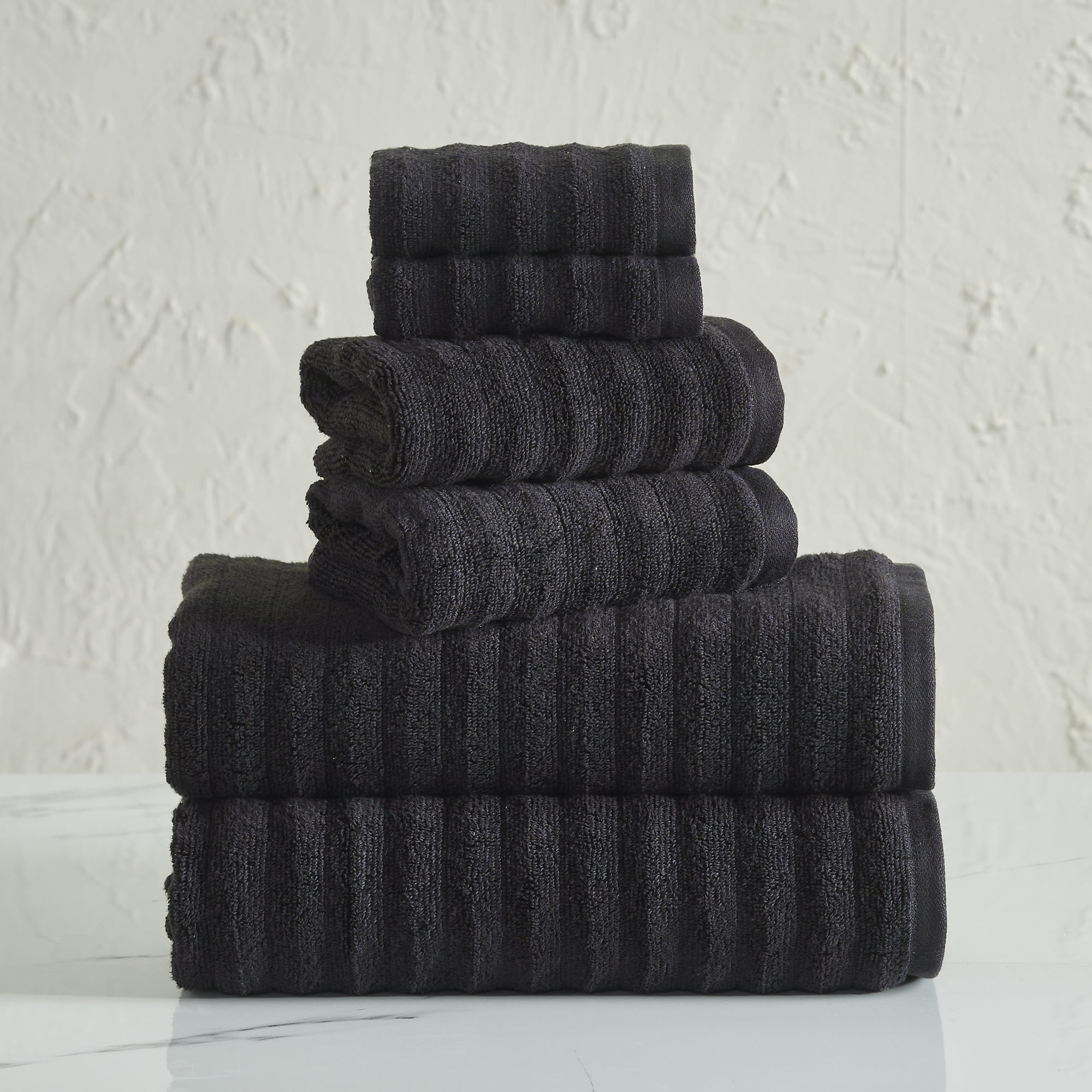 Basics Odor Resistant Textured Bath Towel Set - 6-Pieces, Cotton,  Assorted, Dark Grey, 54 L x 30 W