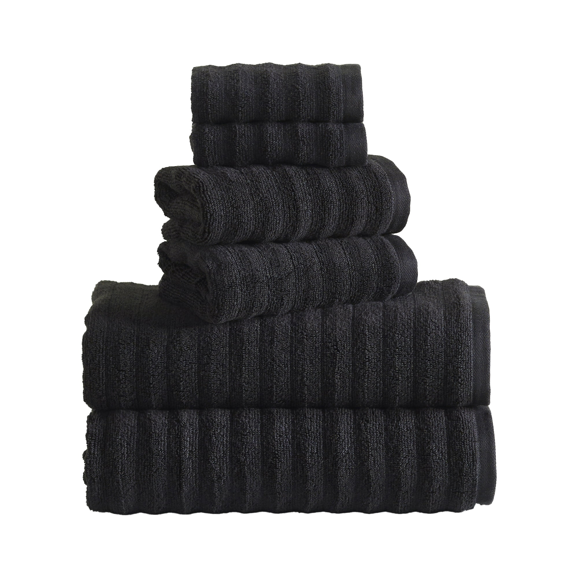 Mainstays Performance Cotton 6-Piece Bath Towel Set, Super Soft Quick Dry Fade Resistant, Textured Black