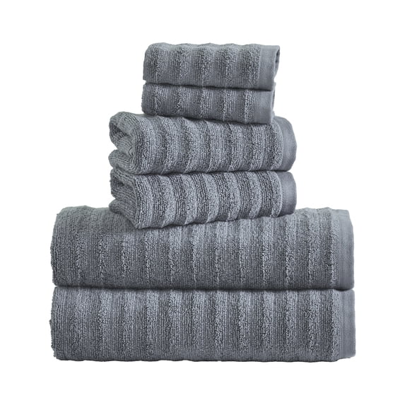 Mainstays Performance Cotton 6-Piece Bath Towel Set, Super Soft Quick Dry Fade Resistant, Textured Grey