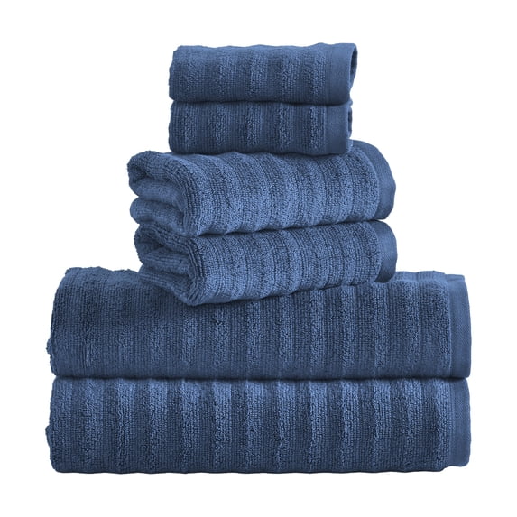 Mainstays Performance 6-Piece Textured Bath Towel Set, 87% Cotton 13% Recycled Polyester, Indigo