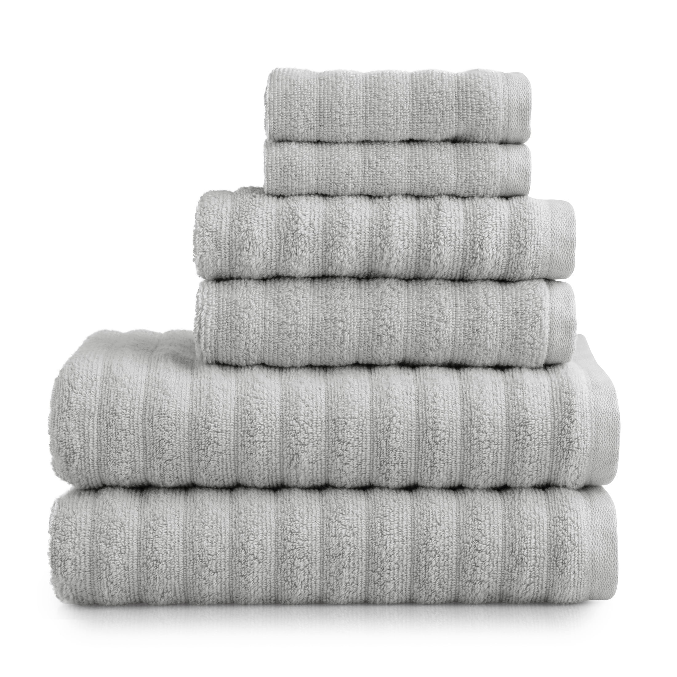 Mainstays Performance Cotton 6-Piece Bath Towel Set, Super Soft Quick Dry Fade Resistant, Textured Silver