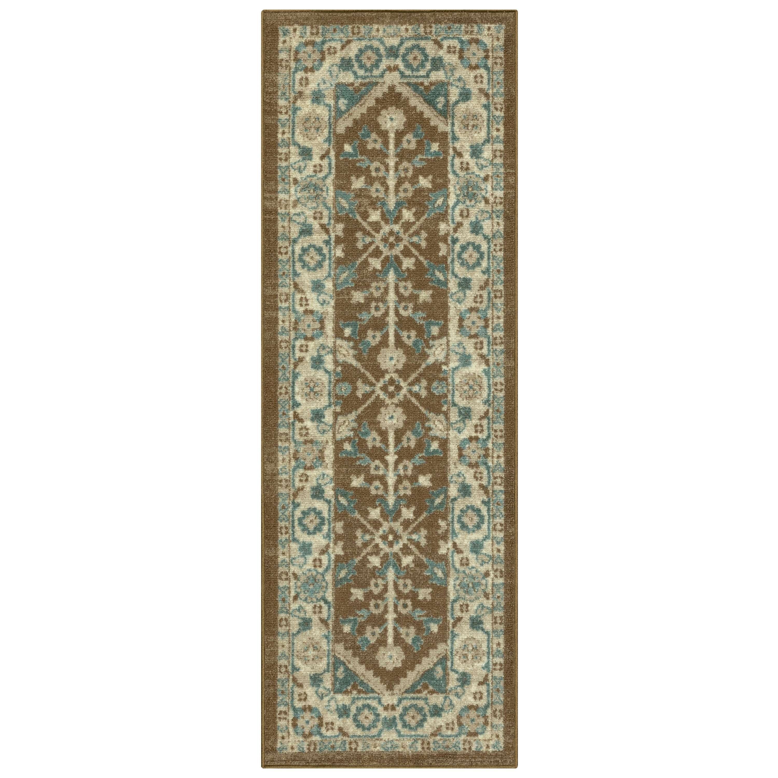 Mainstays Persian Border Medallion Loop Print Brown Blue Indoor Runner Rug, 1'8" x 5'