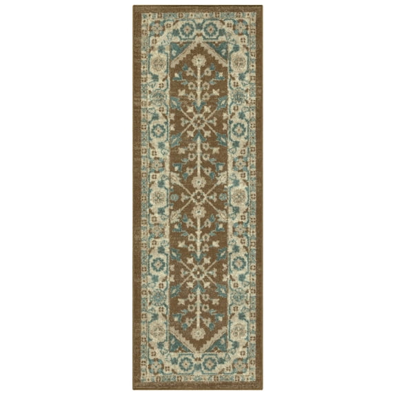 Mainstays Persian Border Medallion Loop Print Brown Blue Indoor Runner Rug, 1'8" x 5'