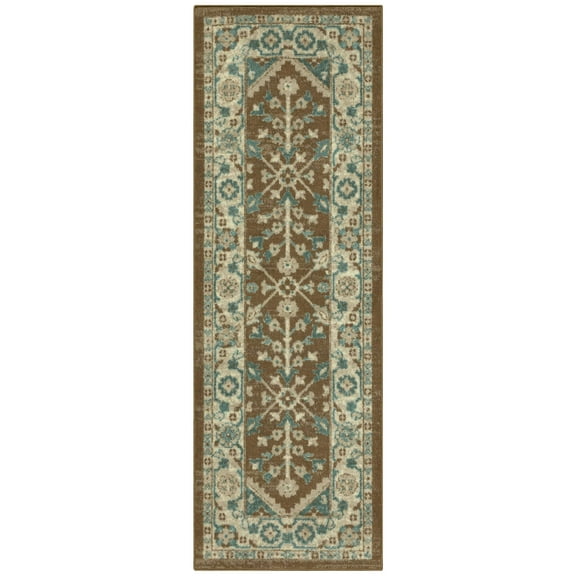 Mainstays Persian Border Medallion Loop Print Brown Blue Indoor Runner Rug, 2' x 6'