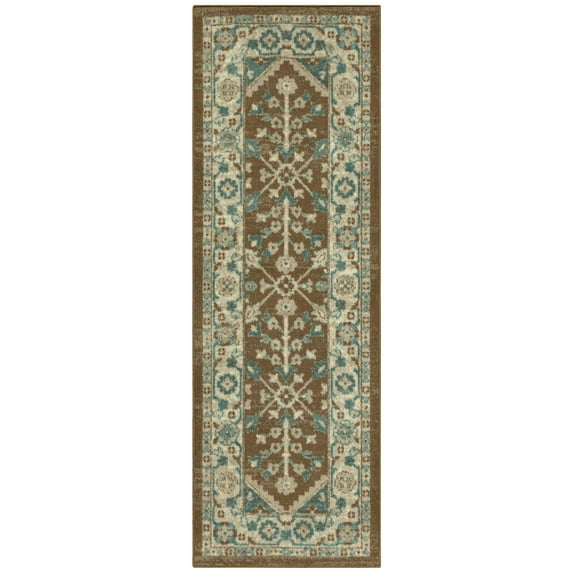 Mainstays Persian Border Medallion Loop Print Brown Blue Indoor Runner Rug, 2' x 6'