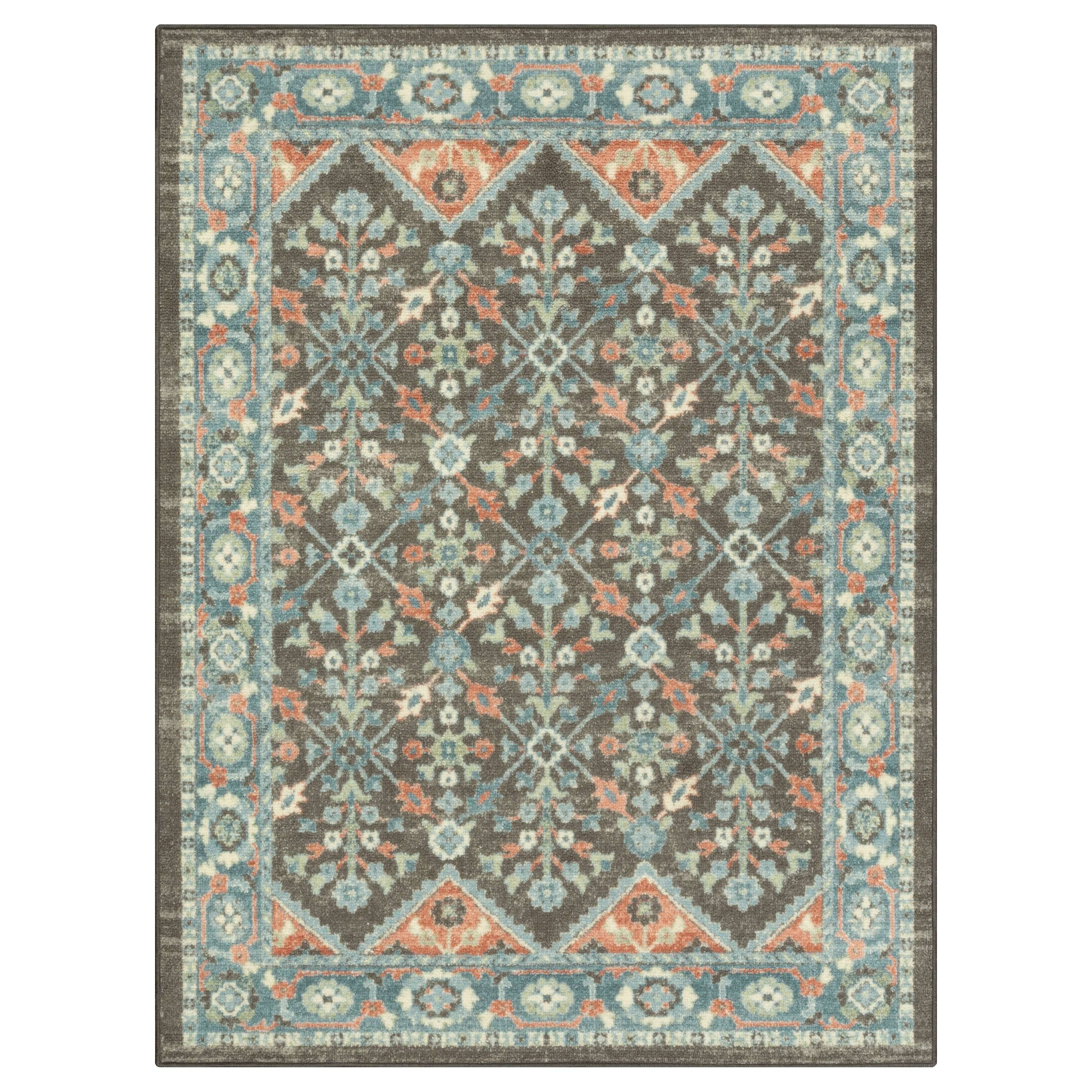 Mainstays Persian Border Medallion Loop Print Gray Aqua Indoor Area Rug, 4' x 5'4"