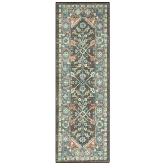 Mainstays Persian Border Medallion Gray Aqua Indoor Runner Rug, 1 ft 8 in x 5 ft