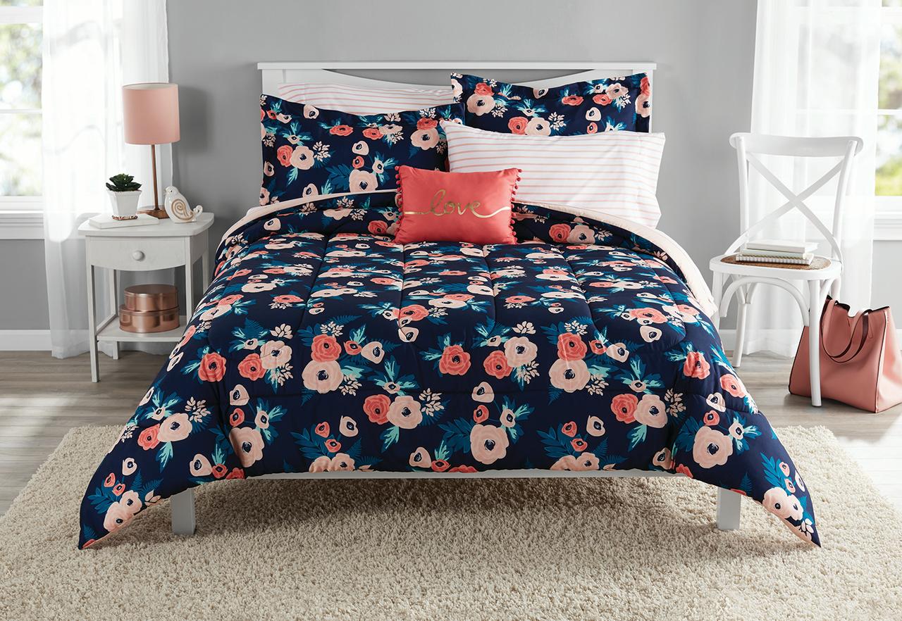 Mainstays Pink Floral 6 Piece Bed in a Bag Comforter Set With Sheets, Twin/Twin XL - image 1 of 6