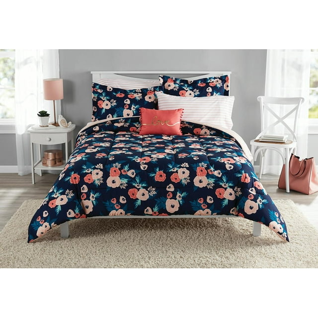 Mainstays Pink Floral 6 Piece Bed in a Bag Comforter Set With Sheets, Twin/Twin XL