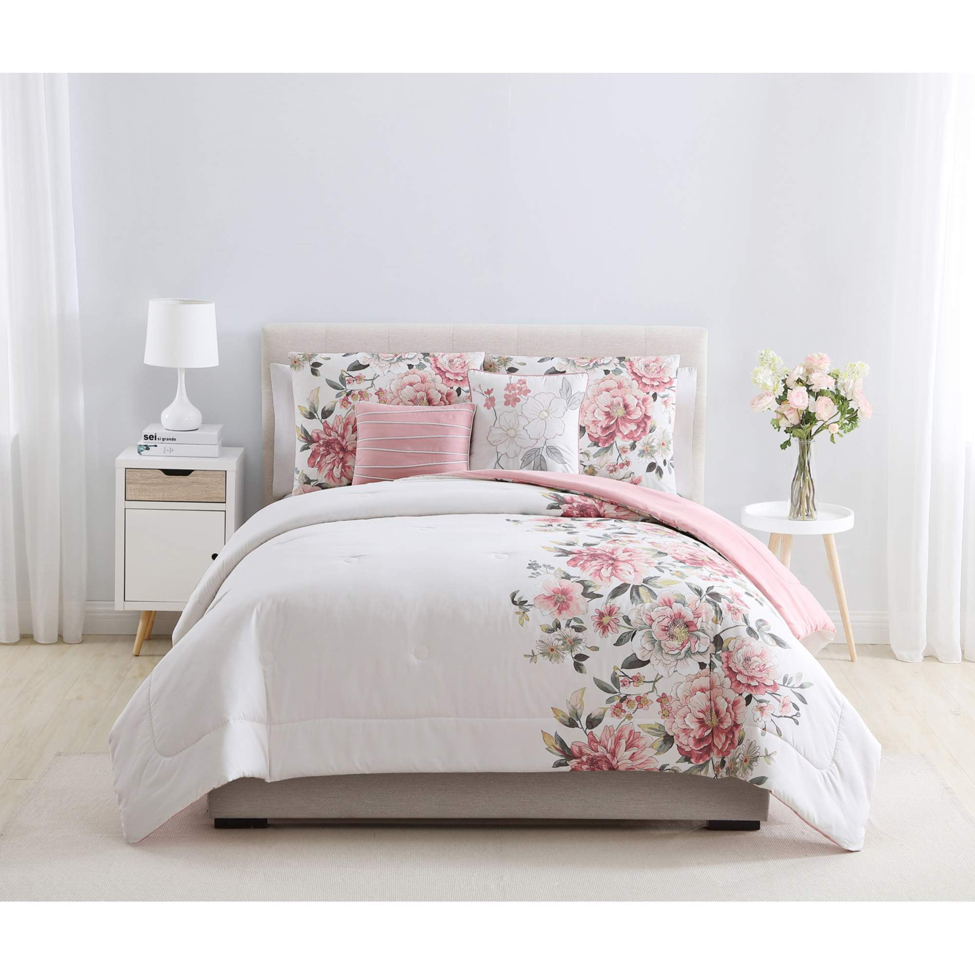 Mainstays Pink Floral Shearwater 5-Piece Bedding Comforter Set ...