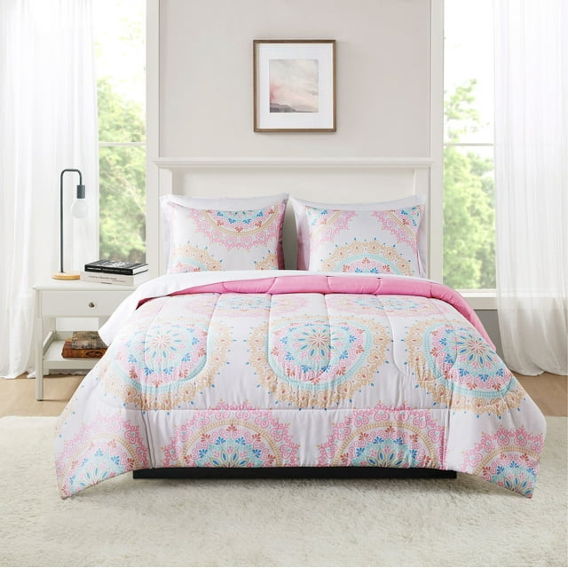Mainstays Pink Medallion Reversible 5Piece Bed in a Bag Comforter Set