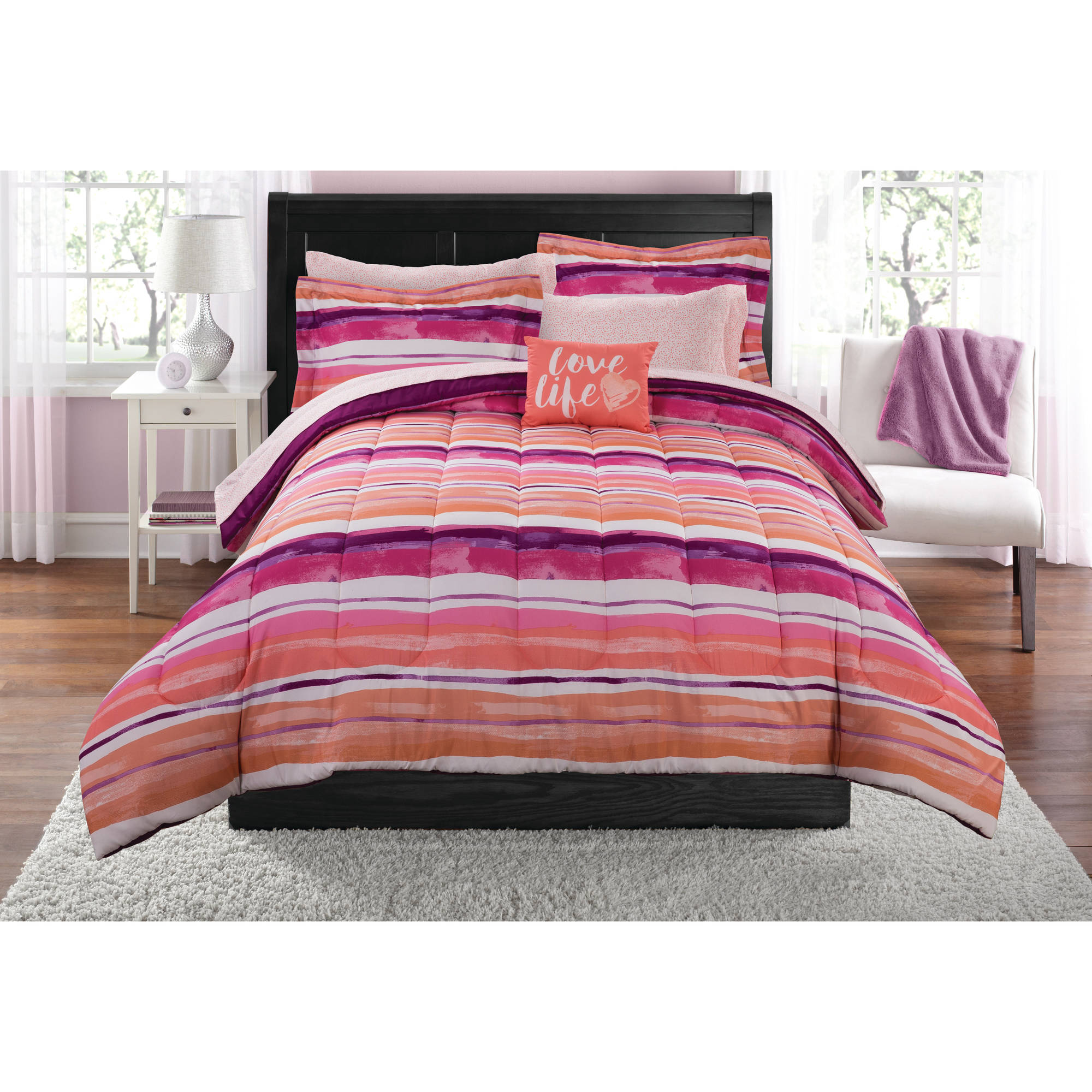 Mainstays Pink Ombre Stripe 8 pc Bed in a Bag, Full