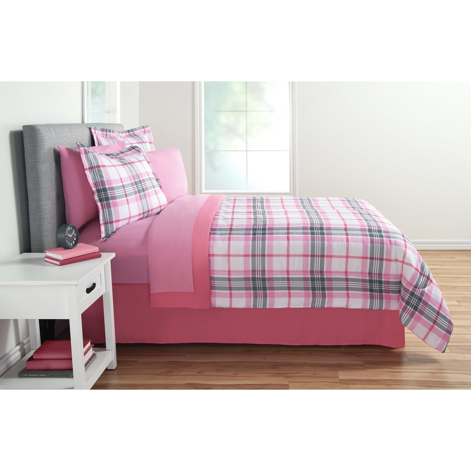 Mainstays Pink Plaid 8 Piece Bed in a Bag Comforter Set With Sheets, King
