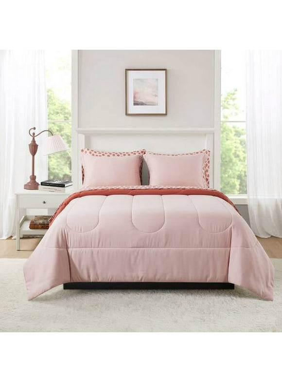 Mainstays Pink Reversible 5-Piece Bed in a Bag Comforter Set with Sheets, Twin XL, Adult, Unisex