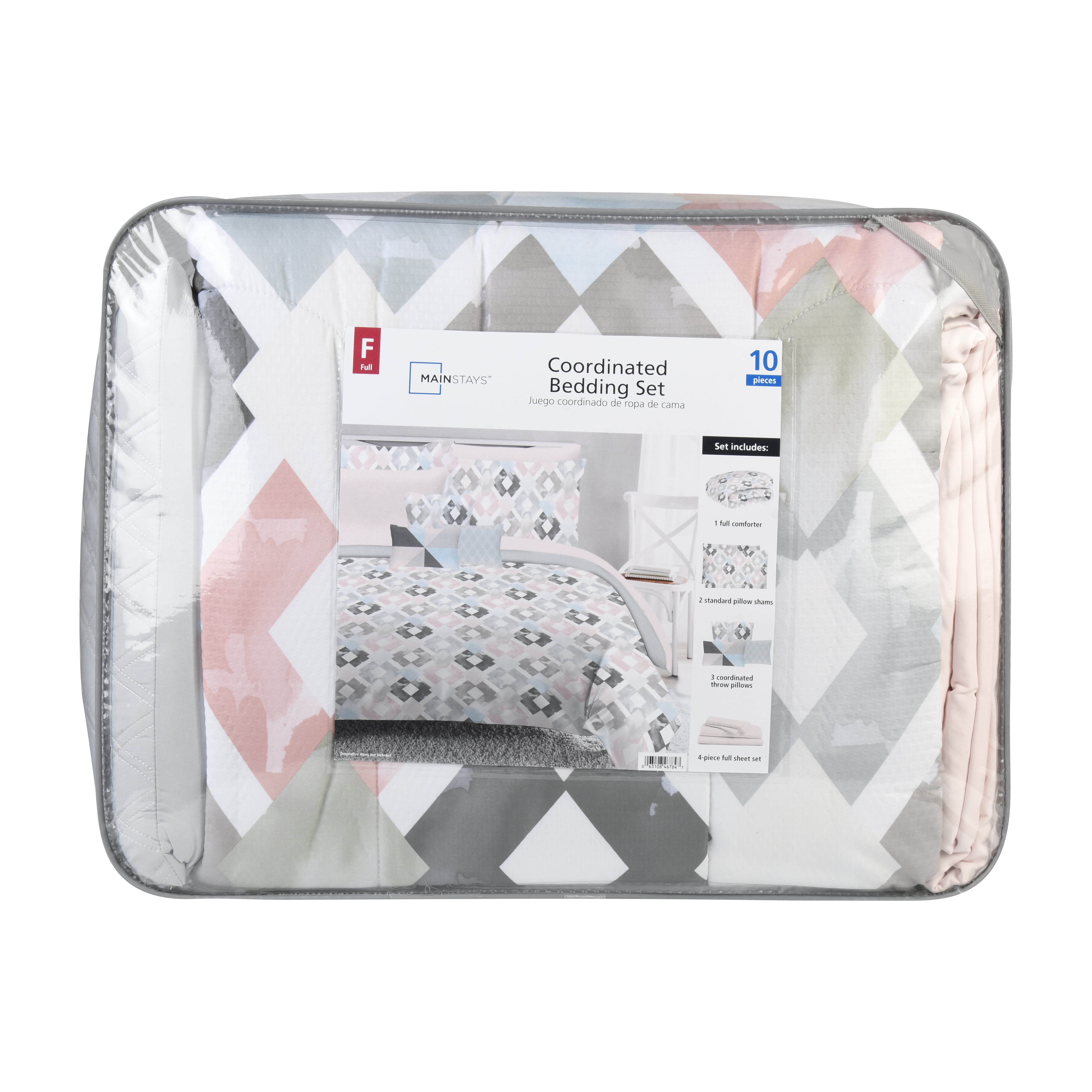 Mainstays Pink and Teal Diamond 10 Piece Bed in a Bag with 3 Dec Pillows, Full