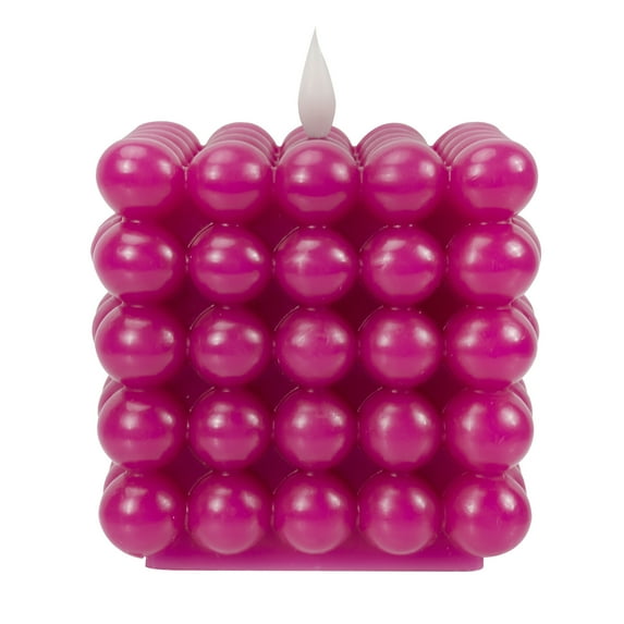 Mainstays Pink Square Wax Tabletop Candle with Faux LED Flame, Bubble Design, 4.92"x4.13"x4.13"