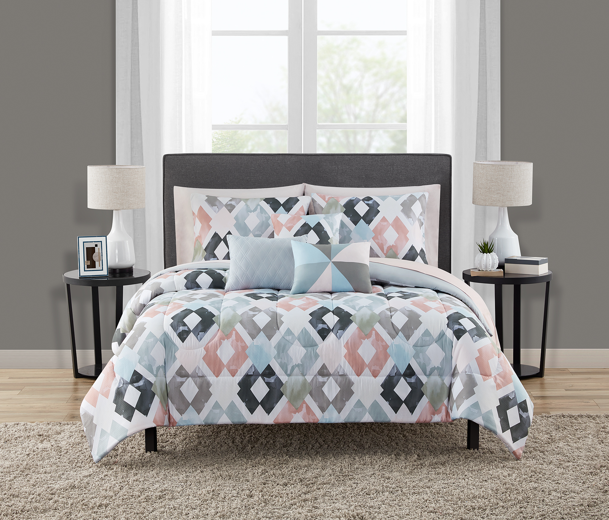 Mainstays Pink and Teal Diamond 10 Piece Bed in a Bag with 3 Dec Pillows, Full - image 1 of 7