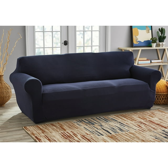 Mainstays Pixel Stretch Fabric Sofa Slipcover, Navy Blue, 1 Piece