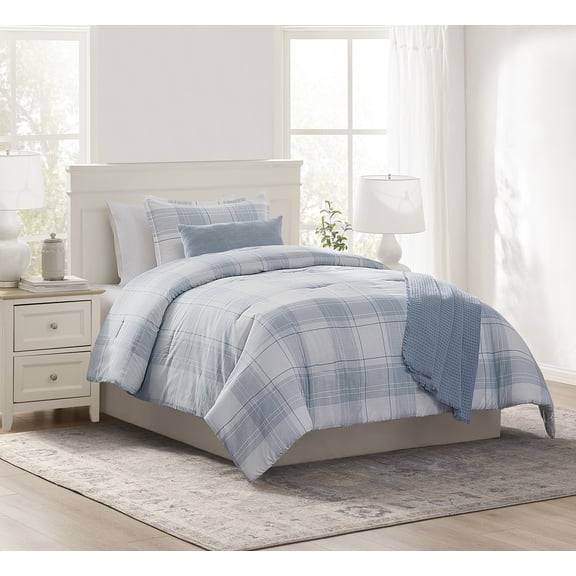 Mainstays Plaid 4-Piece Blue Comforter Set, Twin/Twin XL