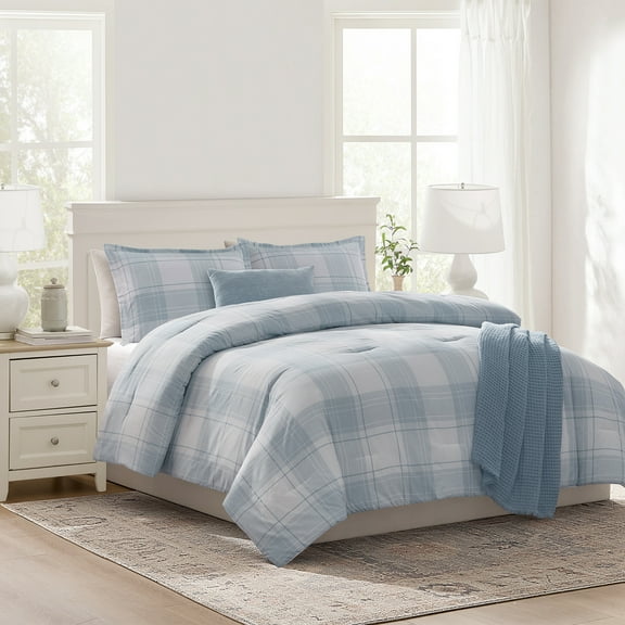 Mainstays Plaid 5-Piece Blue Comforter Set, Full/Queen
