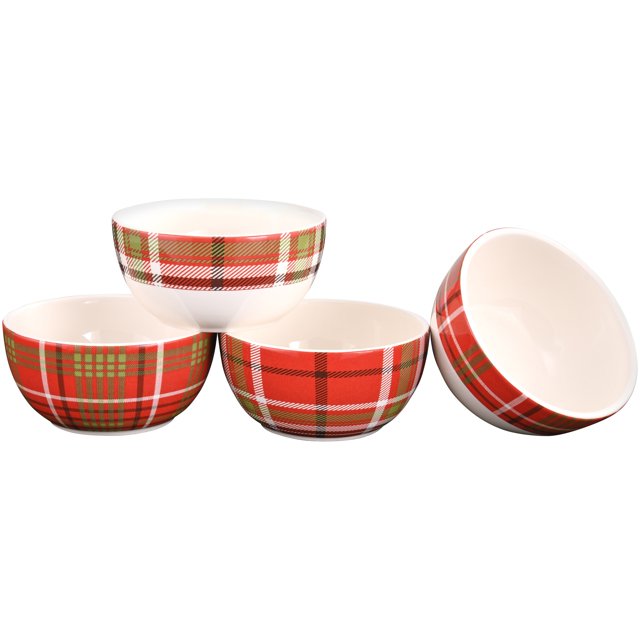 Mainstays Plaid Microwave & Dishwasher Safe Ceramic Bowl Set, 4 Count