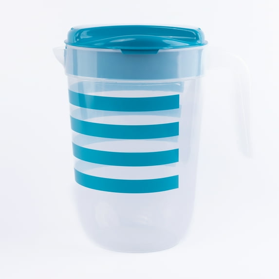 Mainstays Plastic 1 Gallon Pitcher with Green Color Lid – Teal Stripes
