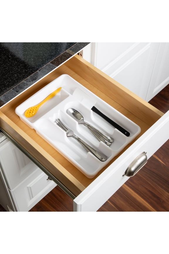 Plastic 5-Compartment Kitchen Drawer Organizer Tray, Silverware and Utensil Organizer for Cutlery and Flatware Storage, White, 9" x 13.5"