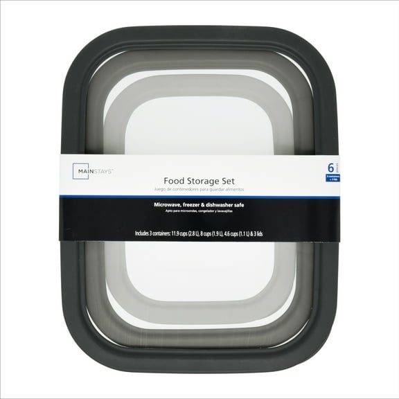 Mainstays Plastic Durable Food Storage Container Set, Gray, 6 Pieces