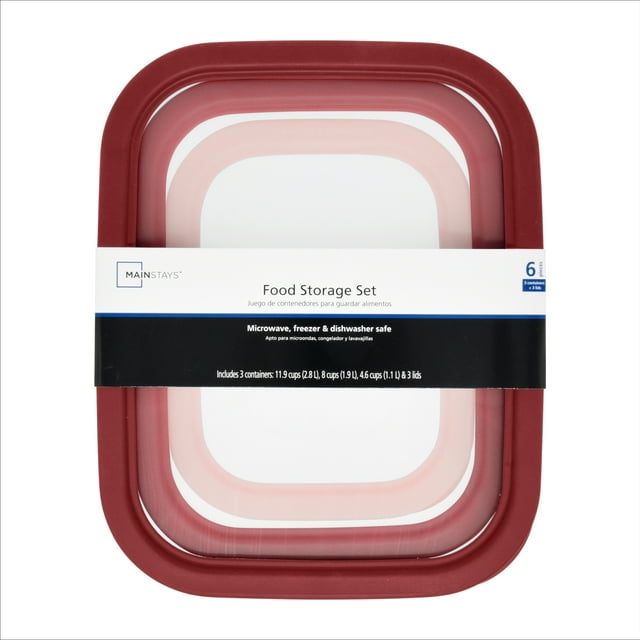 Mainstays Plastic Durable Food Storage Container Set, Red, 6pcs