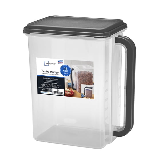 Mainstays Plastic Food Storage Canister with Lid, Handle and Pour Spout, 46 Cups, Clear/Gray, 11.55 in x 7.8 in x 13.25 in