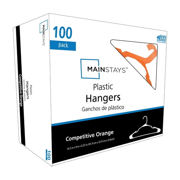 Mainstays Plastic Notched Adult Hangers for Any Clothing Type, Competitive Orange 100 Count
