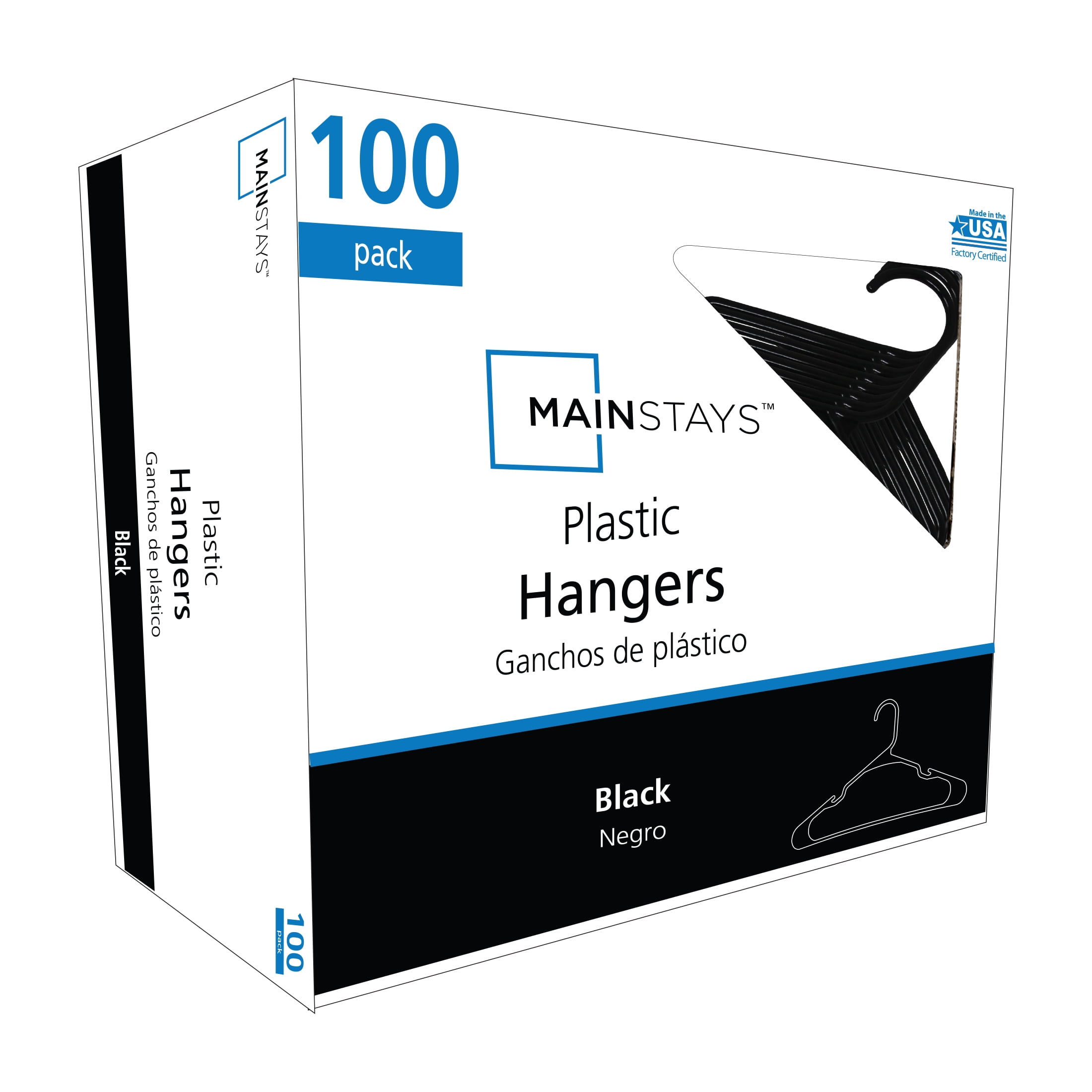 Mainstays Plastic Notched Adult Hangers for Any Clothing Type, Rich Black 100 Count