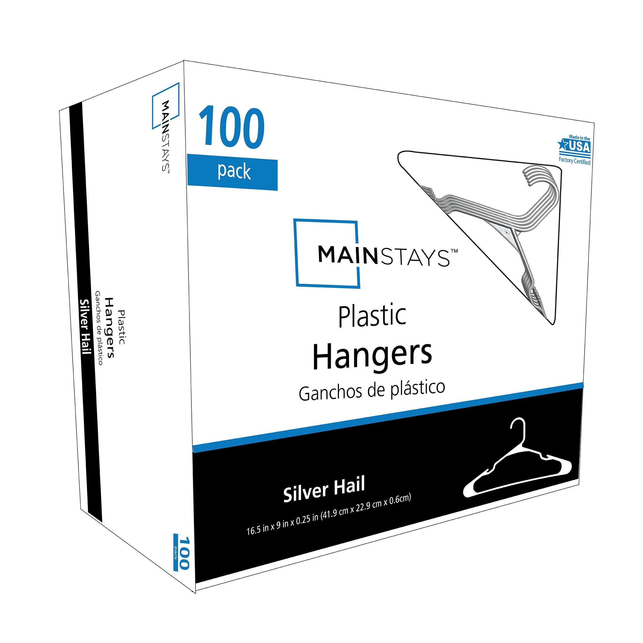Mainstays Plastic Notched Adult Hangers for Any Clothing Type, Silver Hail 100 Count