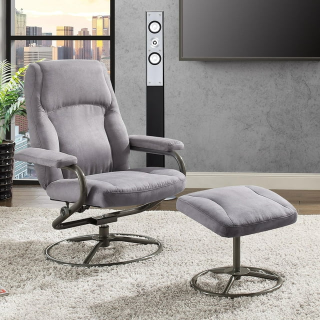 Mainstays Plush Pillowed Recliner Swivel Chair and Ottoman Set, in Gray