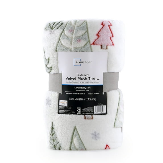 Mainstays Plush Throws, 50" x 60", Wintertree holiday pattern machine washable. Tumble dry with low heat