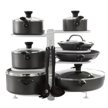 Mainstays Pots and Pans Organizer, 8 Adjustable Shelves, Sturdy Steel, with 4 Hooks, White