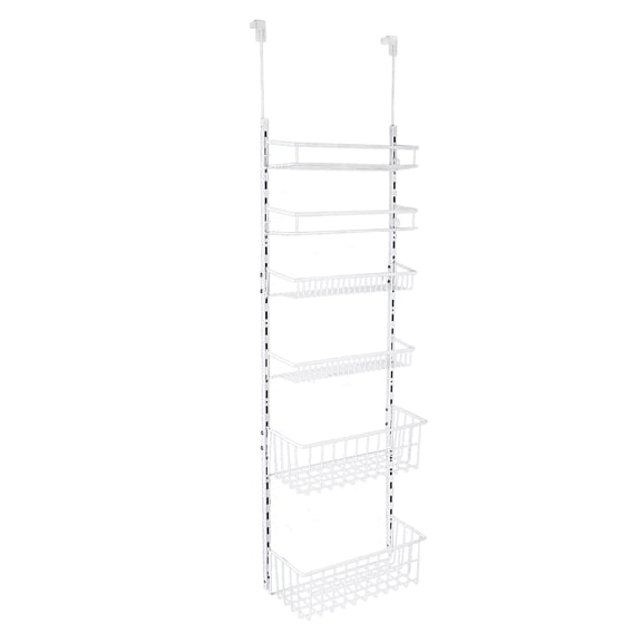 Open Box Mainstays Powder Coated Metal Over the Door Rack Organizer, 6 Tier Adjustable Shelves, White, Made for Kitchen Organization and Accessibility