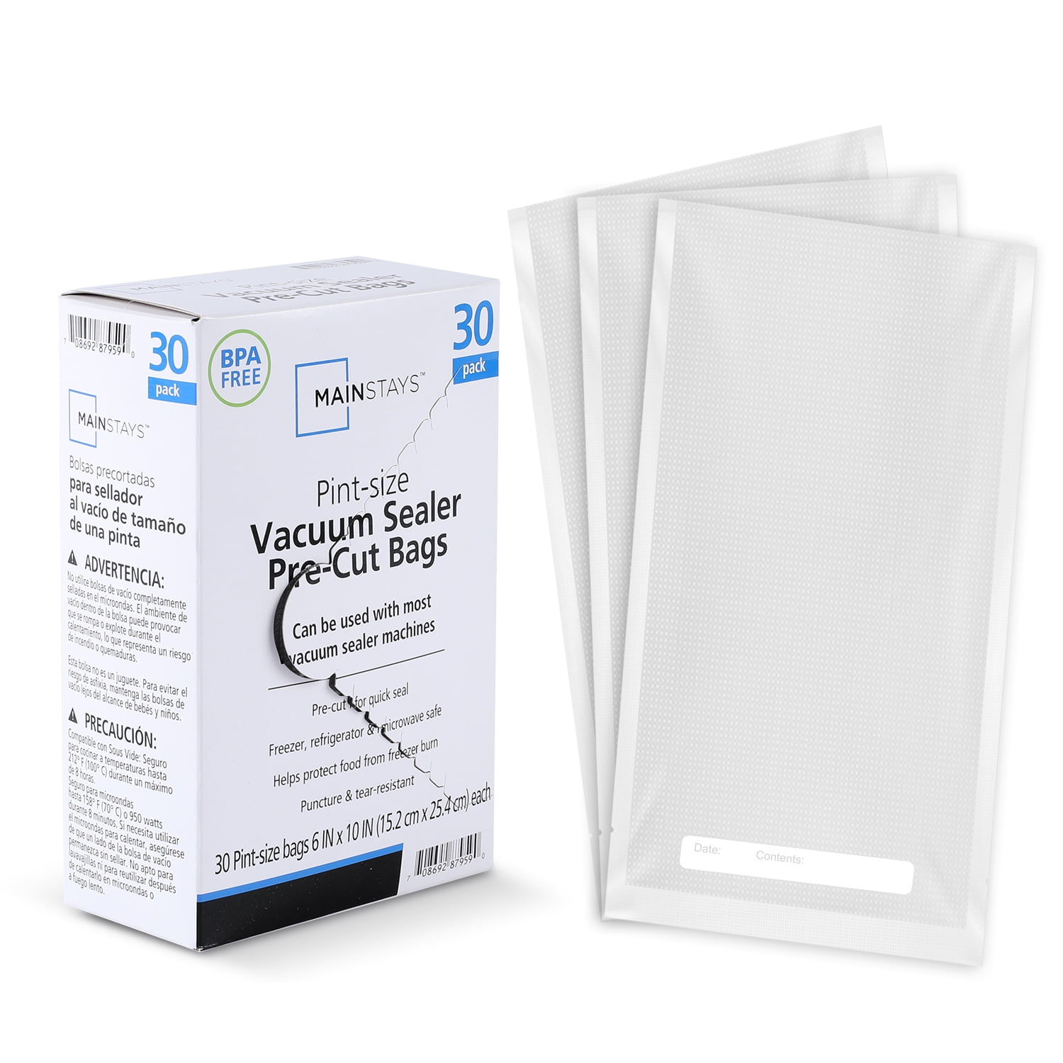 Mainstays Pint Vacuum Sealer Bags (6" x 10"), 30-Count BPA-Free Vacuum Seal Bags for Food Storage and Sous Vide, Works With All Brands Food Vacuum Sealer Machines